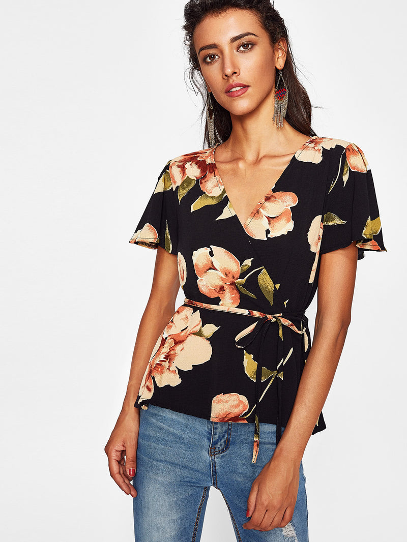Maddison Floral Wrap Style Flounce Sleeve Top