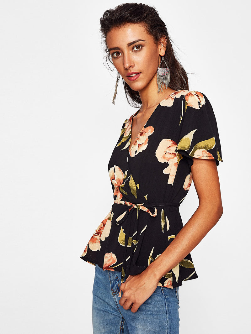 Maddison Floral Wrap Style Flounce Sleeve Top
