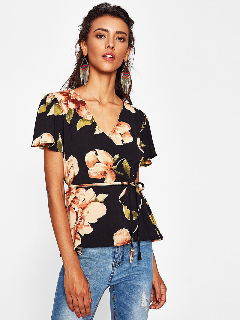 Maddison Floral Wrap Style Flounce Sleeve Top