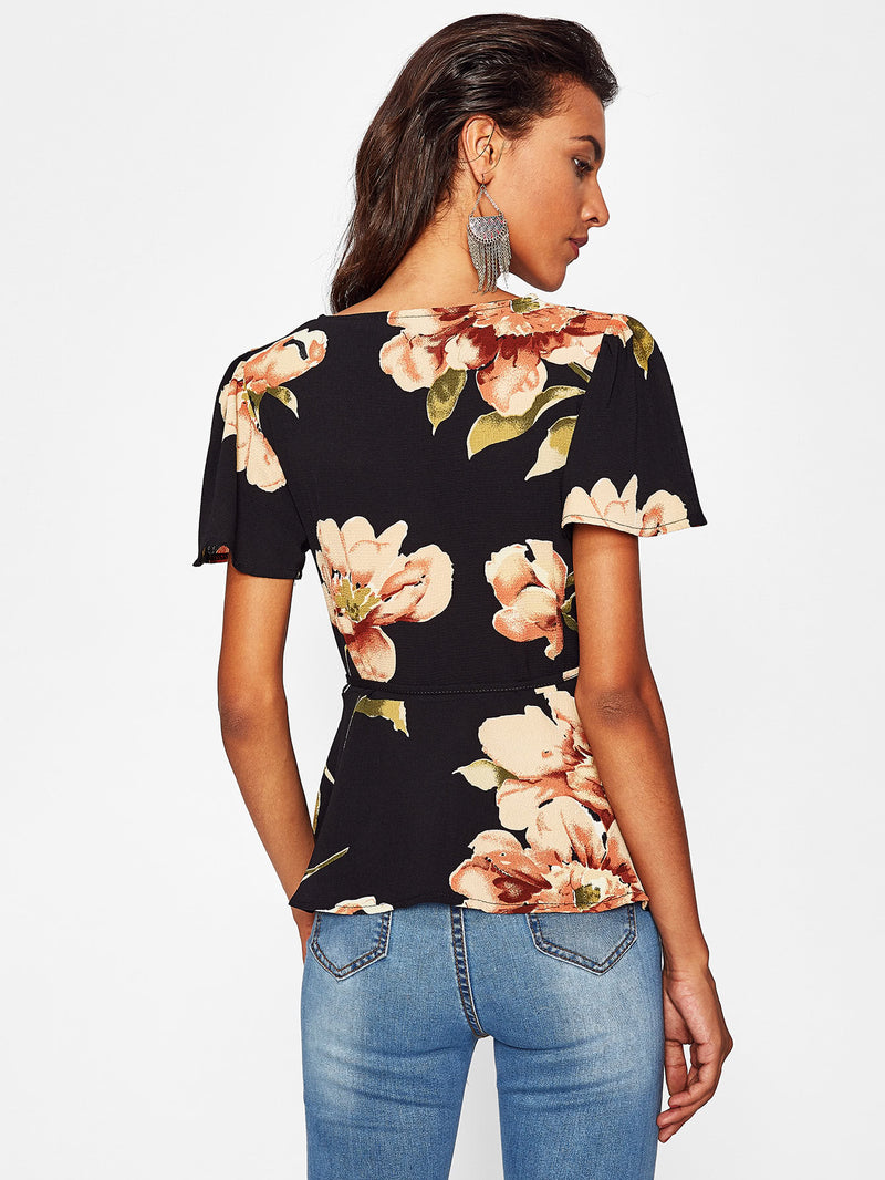 Maddison Floral Wrap Style Flounce Sleeve Top