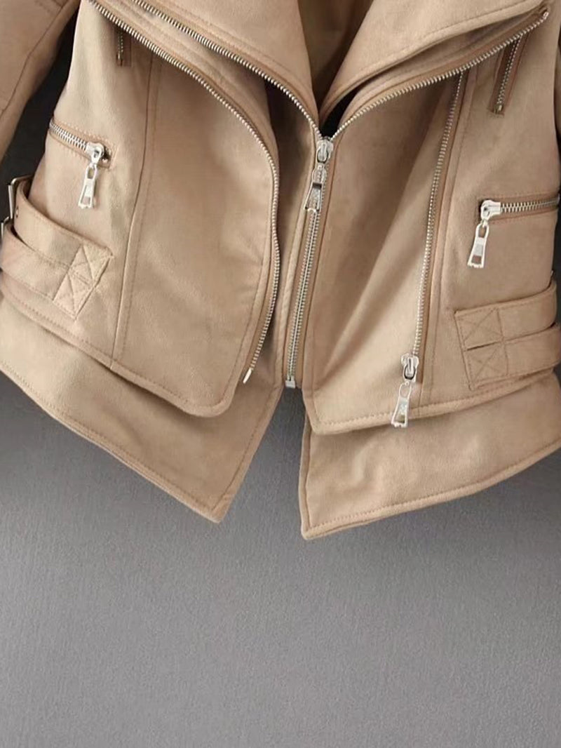 Beige Layered Biker Jacket
