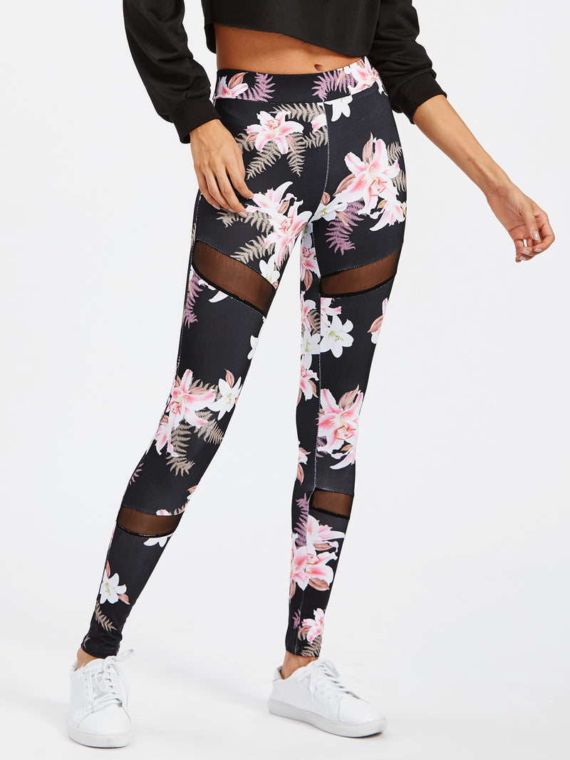 Floral Mesh Panel Leggings