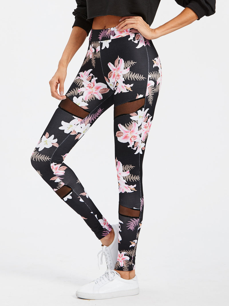 Floral Mesh Panel Leggings