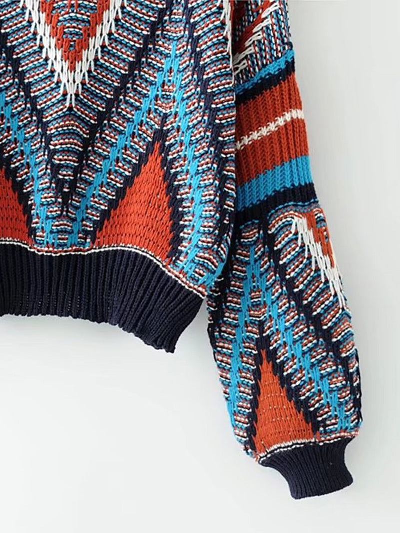 Multi-coloured Aztec Puff Sleeve Knitted Jumper