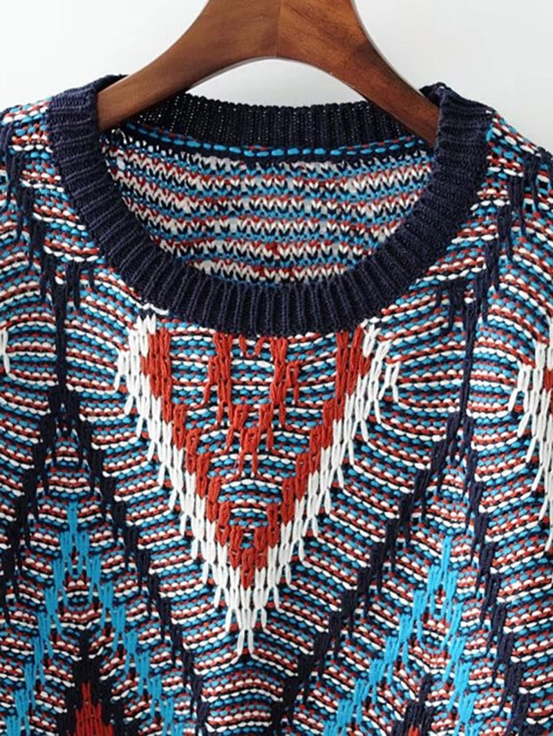 Multi-coloured Aztec Puff Sleeve Knitted Jumper