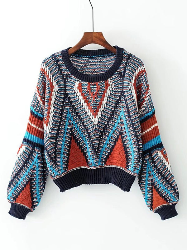 Multi-coloured Aztec Puff Sleeve Knitted Jumper