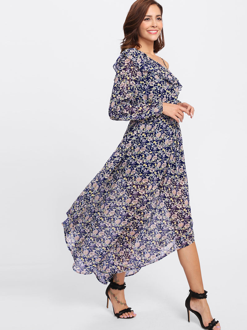 Navy Floral Frill Off the Shoulder Dress