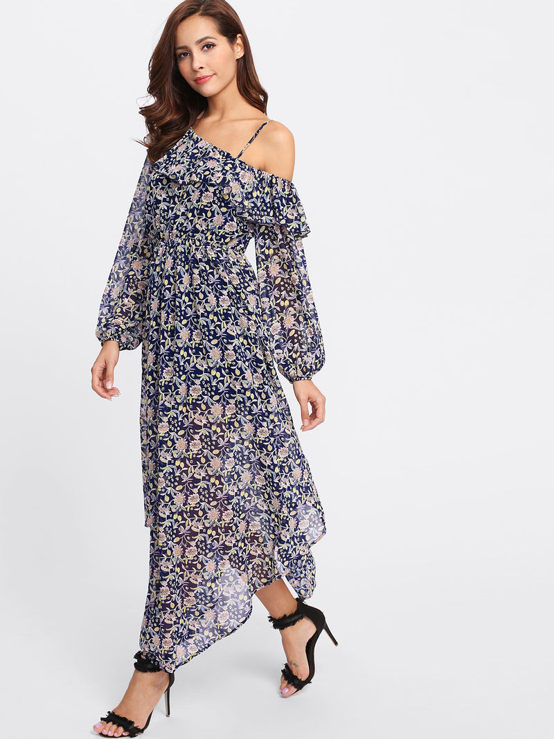 Navy Floral Frill Off the Shoulder Dress