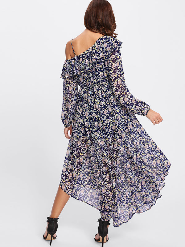 Navy Floral Frill Off the Shoulder Dress
