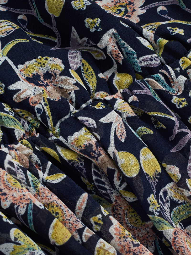 Navy Floral Frill Off the Shoulder Dress