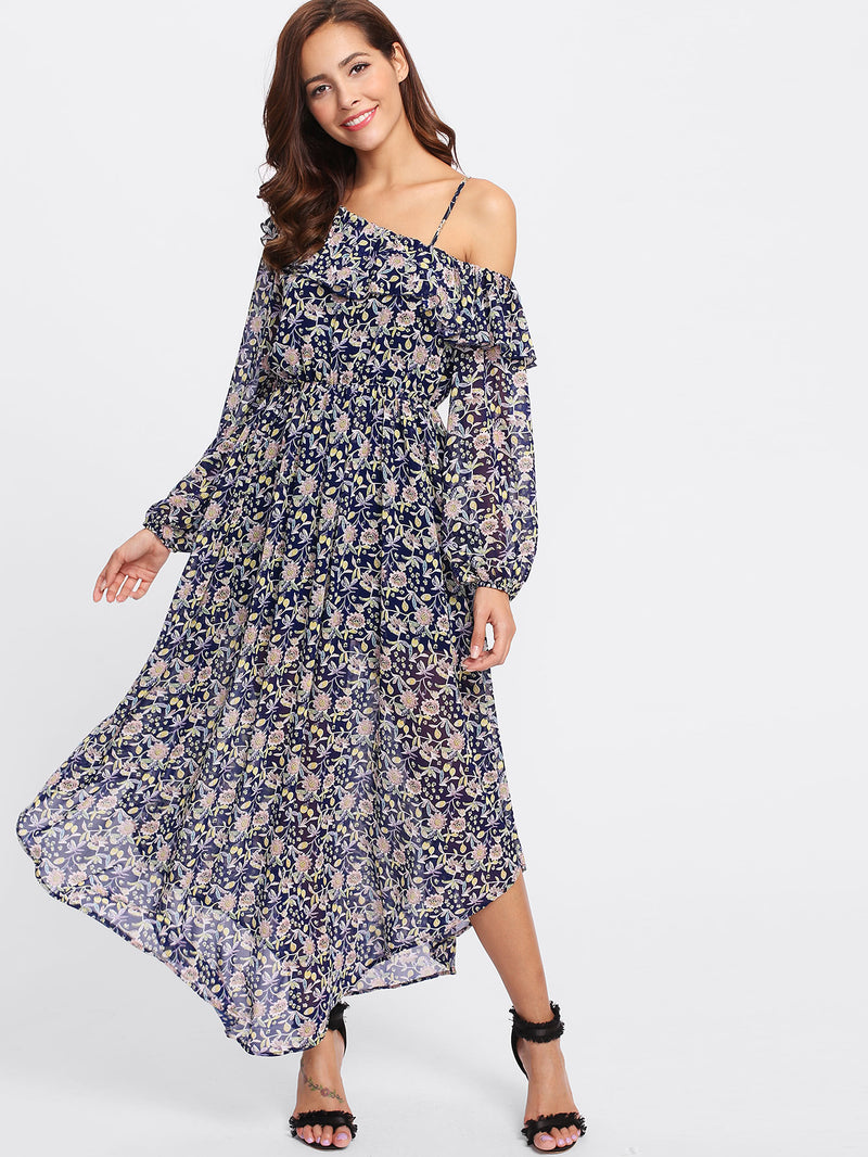 Navy Floral Frill Off the Shoulder Dress
