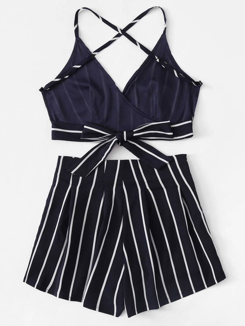 Stripe Crop Top and High Waist Shorts Set