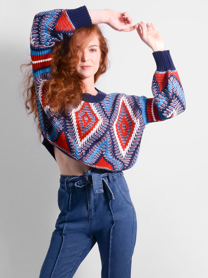 Multi-coloured Aztec Puff Sleeve Knitted Jumper