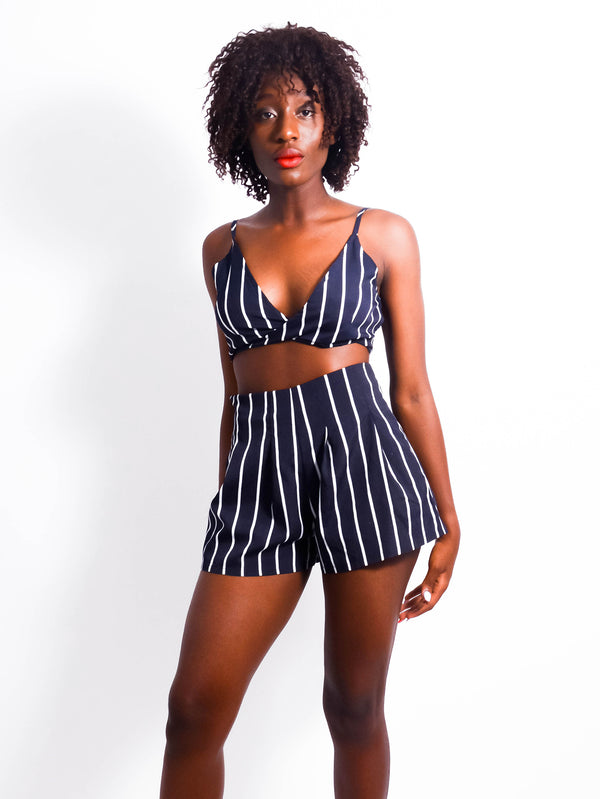Stripe Crop Top and High Waist Shorts Set