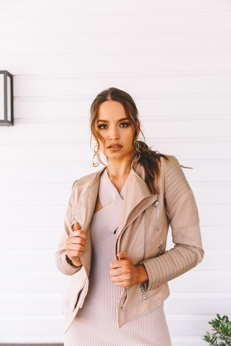 Beige Layered Biker Jacket