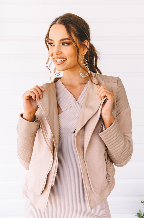 Beige Layered Biker Jacket